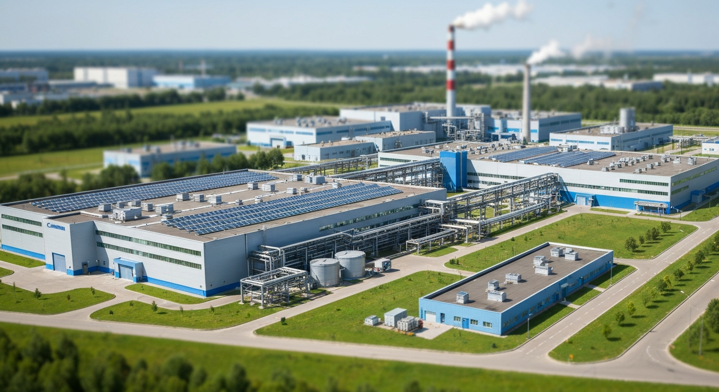 Современная экологичная фабрика с солнечными панелями